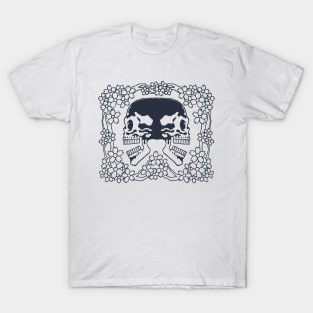 Twin Skulls and Sakura Ink Art Tattoo Retro Black T-Shirt